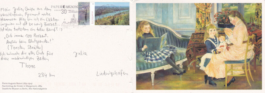 Postcard showing the painting "Nachmittag der Kinder in Wargemont" (1884) by Pierre-Auguste Renoir