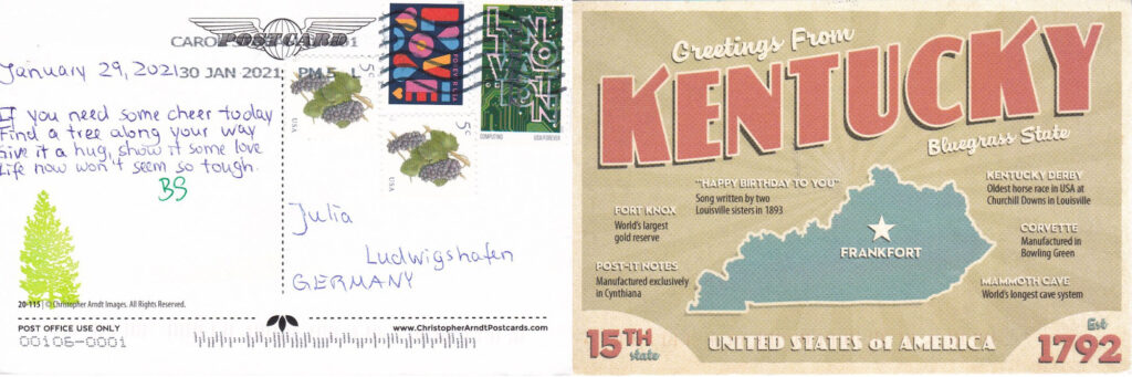 Postcard with greetings and facts about Kentucky in the USA