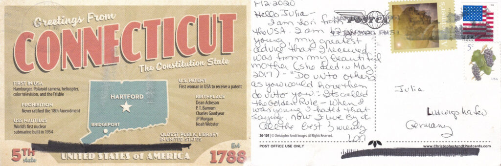 Postcard with greetings and facts about Connecticut in the USA